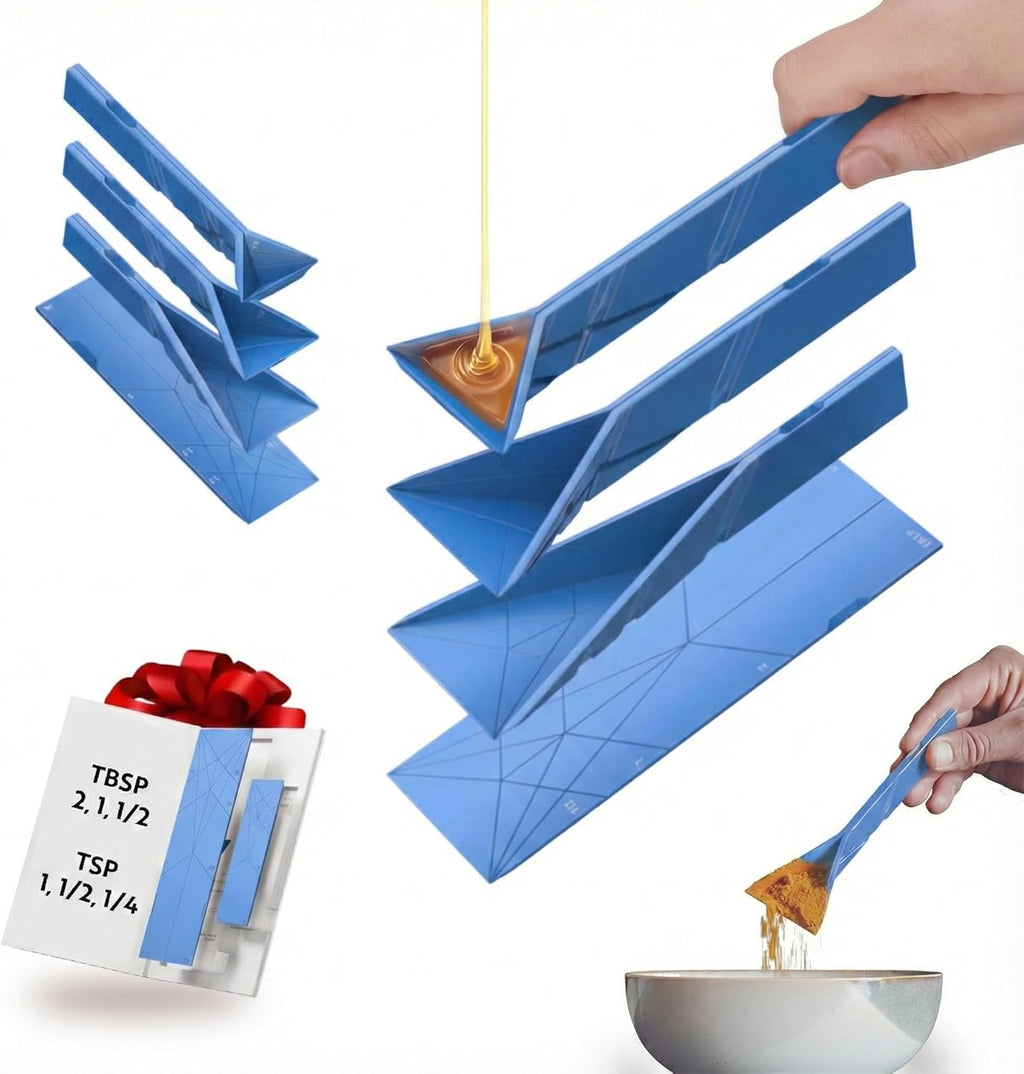 Flat 3-in-1 Folding Measuring Spoons 2 Spoons fold into 6 Sizes Magnetic DuraBend Tech lasts 100k+ folds LeakProof for Wet & Dry Gift Packaging Baking