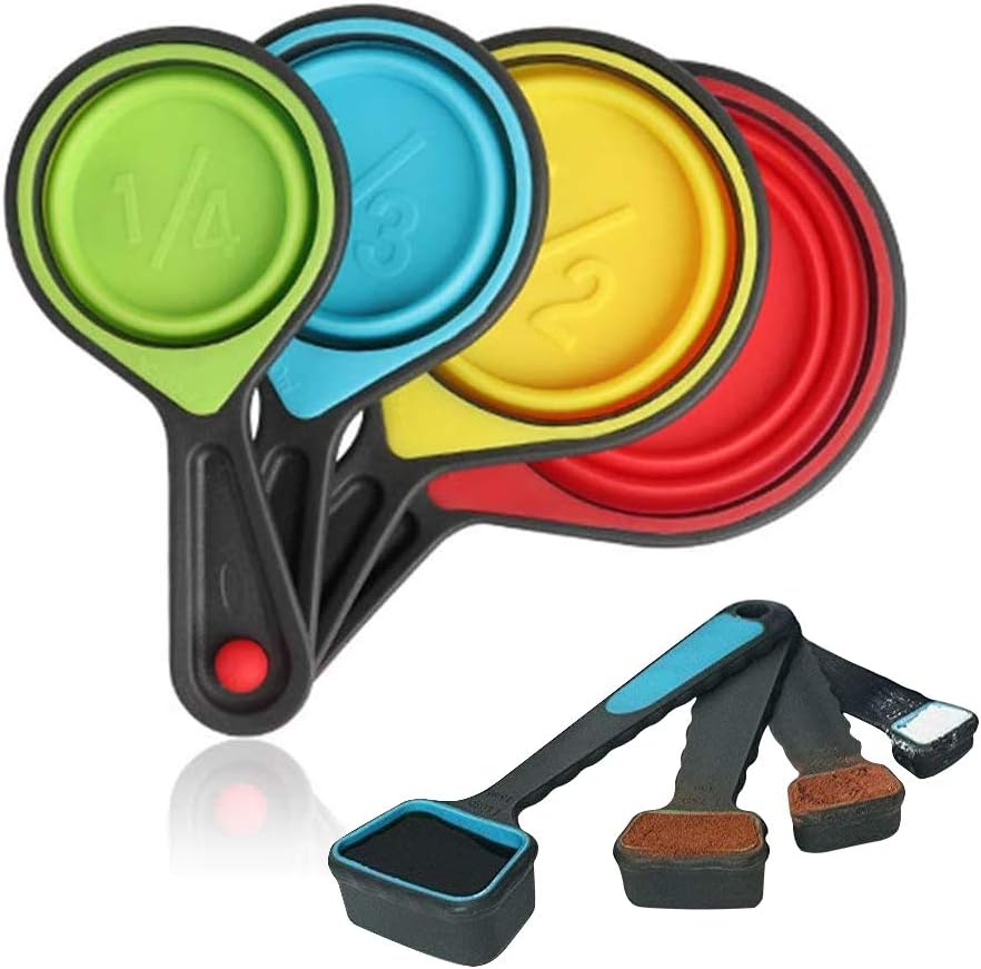 Collapsible Measuring Cups and Spoons - Portable Food Grade Silicone for Liquid & Dry Measuring, 8 Piece Set Kitchen Measuring Tool